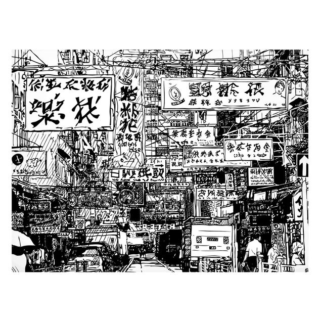 Magnettafel schwarz Black And White Drawing Asian Street