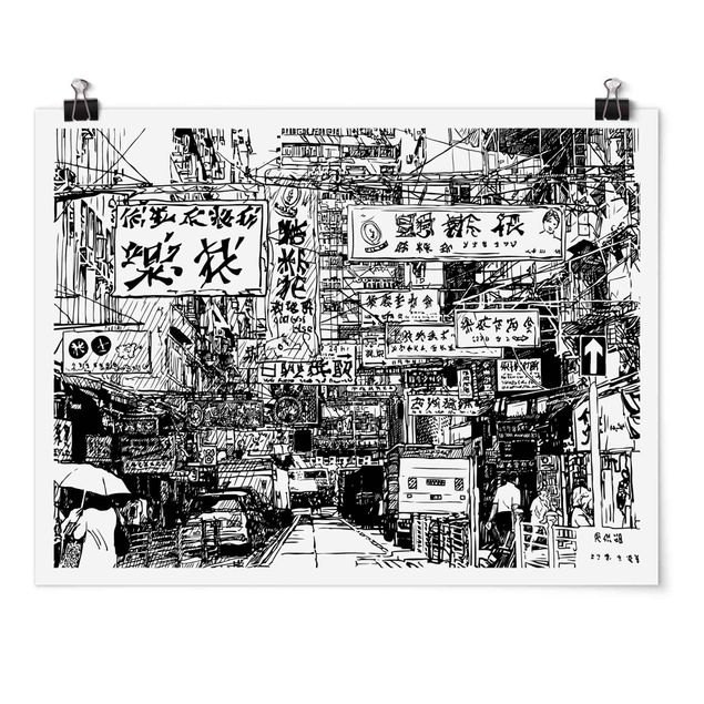 Bilder für die Wand Schwarzweiße Zeichnung Asiatische Straße