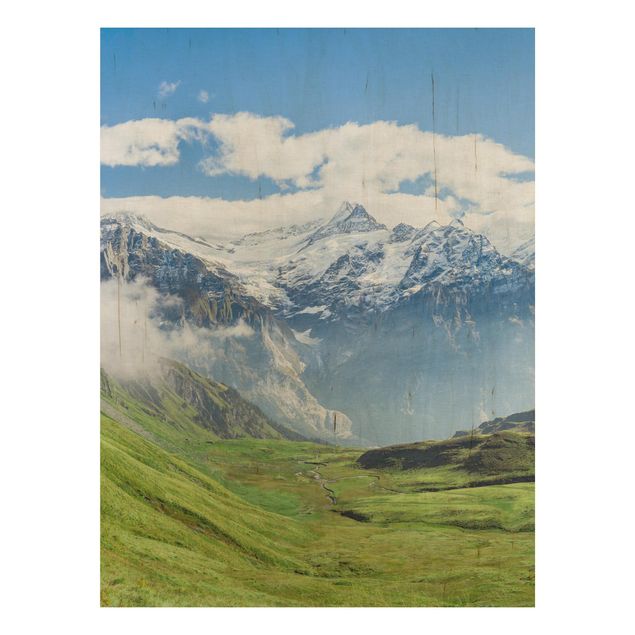 Holzbild - Schweizer Alpenpanorama - Hochformat
