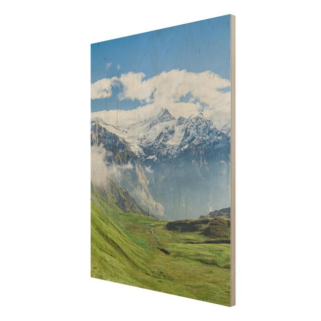 Holzbild - Schweizer Alpenpanorama - Hochformat