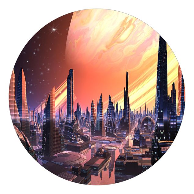 Runde Tapete selbstklebend - Sci-Fi Großstadt mit Planet