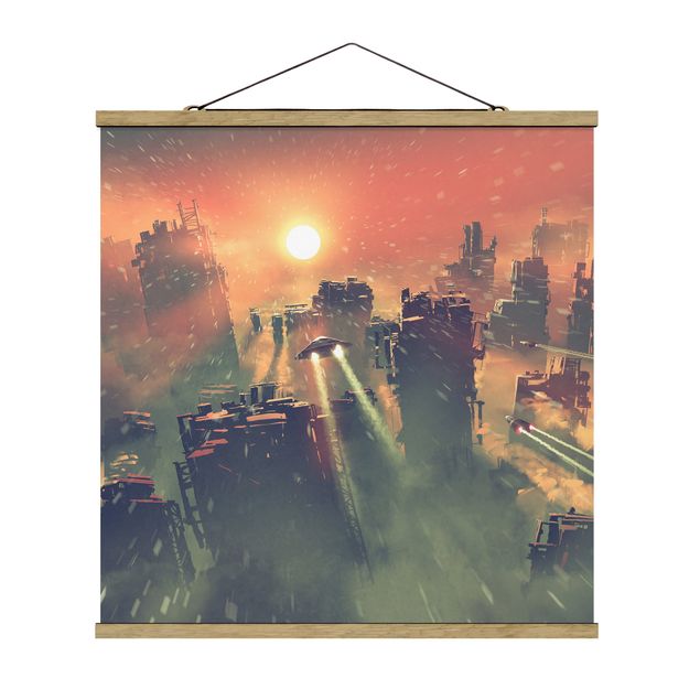 Stoffbild mit Posterleisten - Sci-Fi Raumschiffe im Sonnenaufgang - Quadrat 1:1