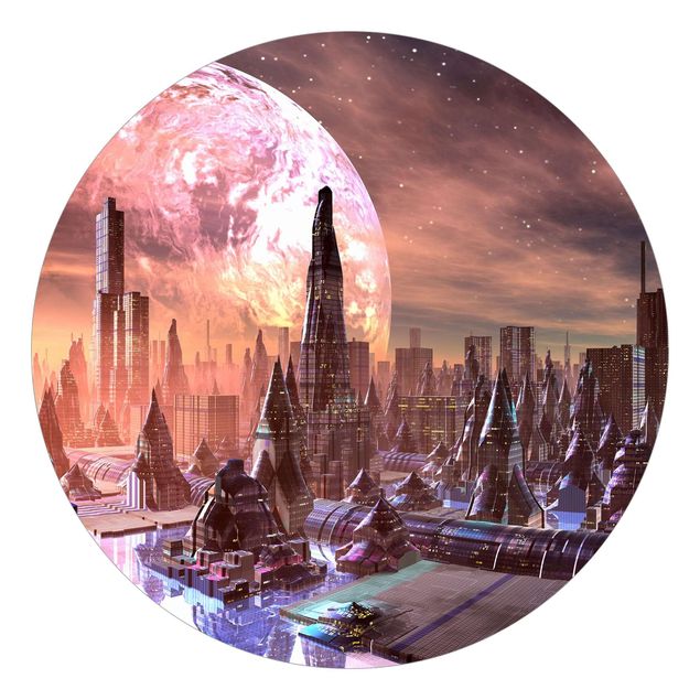 Runde Tapete selbstklebend - Sci-Fi Stadt mit Planeten