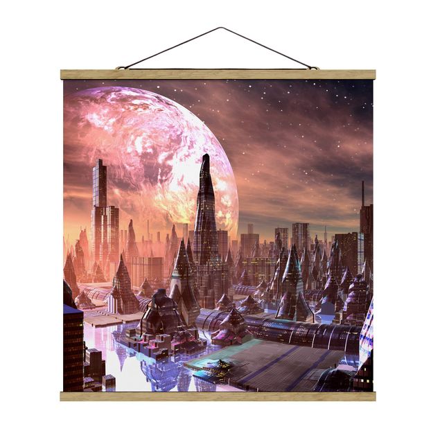 Stoffbild mit Posterleisten - Sci-Fi Stadt mit Planeten - Quadrat 1:1