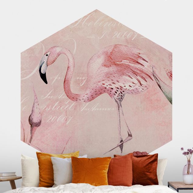 Fototapete Aquarell Shabby Chic Collage - Flamingo