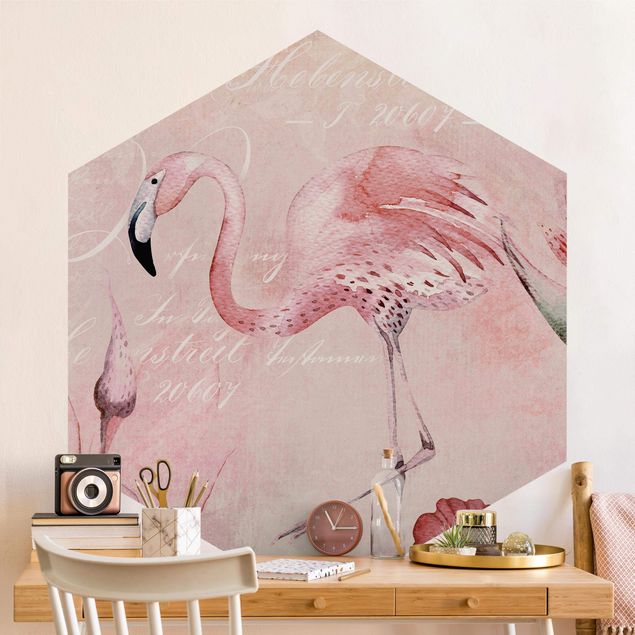 Fototapete Blumen Aquarell Shabby Chic Collage - Flamingo