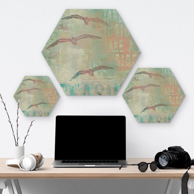 Hexagon-Holzbild - Shabby Chic Collage - Möwen