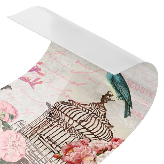 Duschrückwand - Shabby Chic Collage - Rosa Blüten und blaue Vögel
