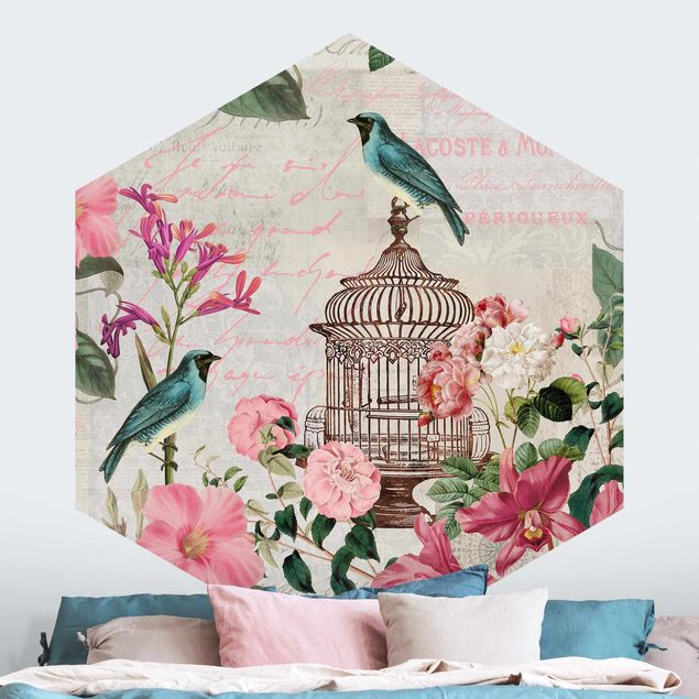 Fototapete Blumen Shabby Chic Collage - Rosa Blüten und blaue Vögel