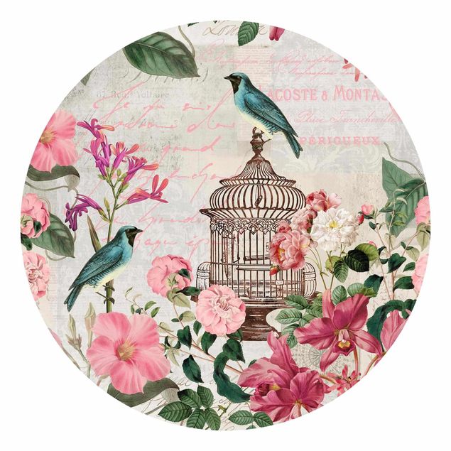 Vintage Tapete Shabby Chic Collage - Rosa Blüten und blaue Vögel