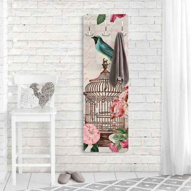 Garderobe Landhausstil Shabby Chic Collage - Rosa Blüten und blaue Vögel