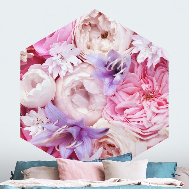 Blumentapete Shabby Rosen mit Glockenblumen