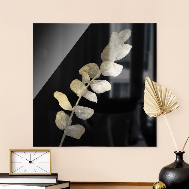 Glasbilder Blumen Silber - Eukalyptus auf Schwarz