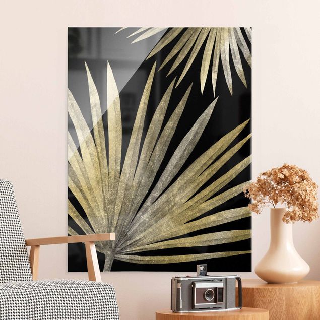 Glasbilder Pflanzen Silber - Palmenblatt auf Schwarz