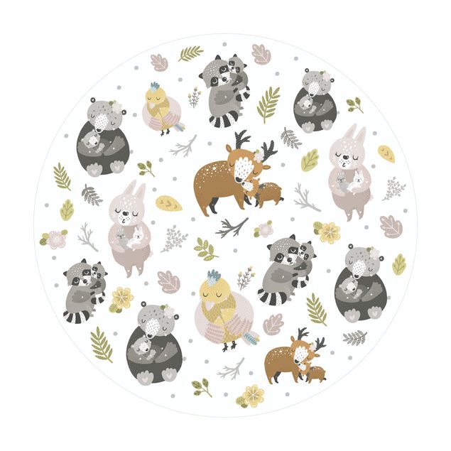 Runder Vinyl-Teppich - Skandinavische Tierfamilien umarmen sich