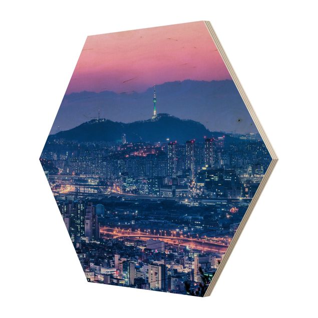 Hexagon Bild Holz - Skyline von Seoul
