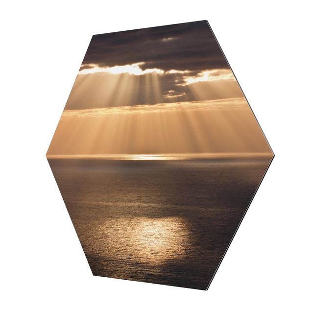Hexagon-Alu-Dibond Bild - Sonnenstrahlen über dem Meer