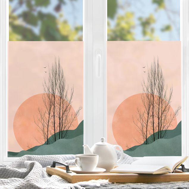 Fensterfolie Farbig Sonnenuntergang mit Baum