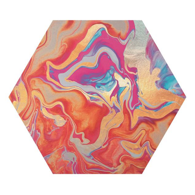 Hexagon Bild Alu-Dibond - Spiel der Farben Goldenes Feuer