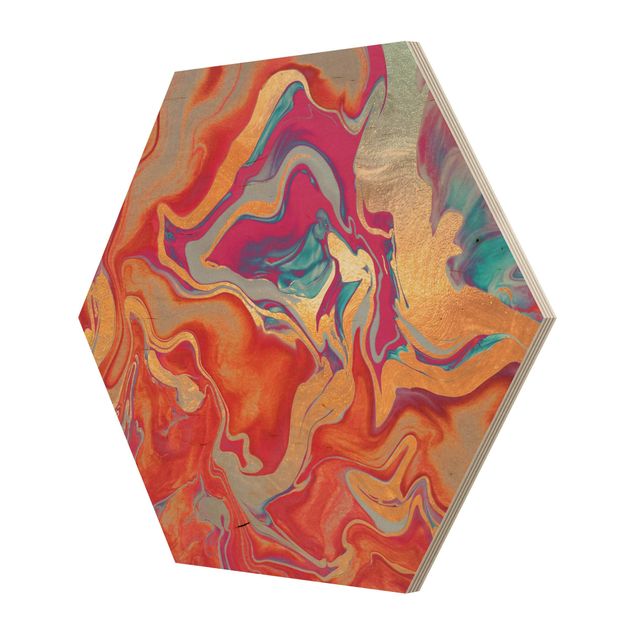 Hexagon Bild Holz - Spiel der Farben Goldenes Feuer