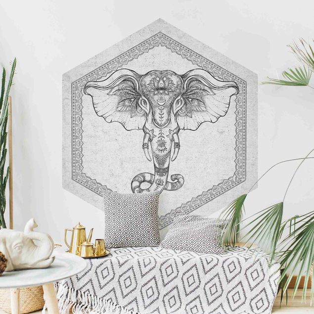 Hexagon Tapete Spiritueller Elefant in Betonoptik
