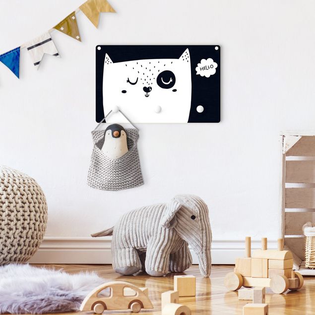 Wandgarderobe mit Tieren Kinderzimmer Spruch Hello Katzengesicht Schwarz Weiß