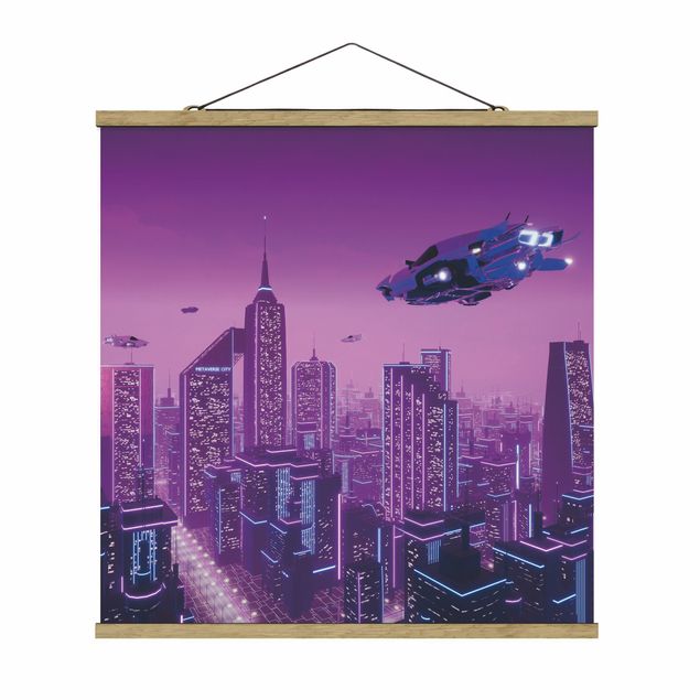 Stoffbild mit Posterleisten - Stadt im Neonlicht mit Raumschiffen - Quadrat 1:1