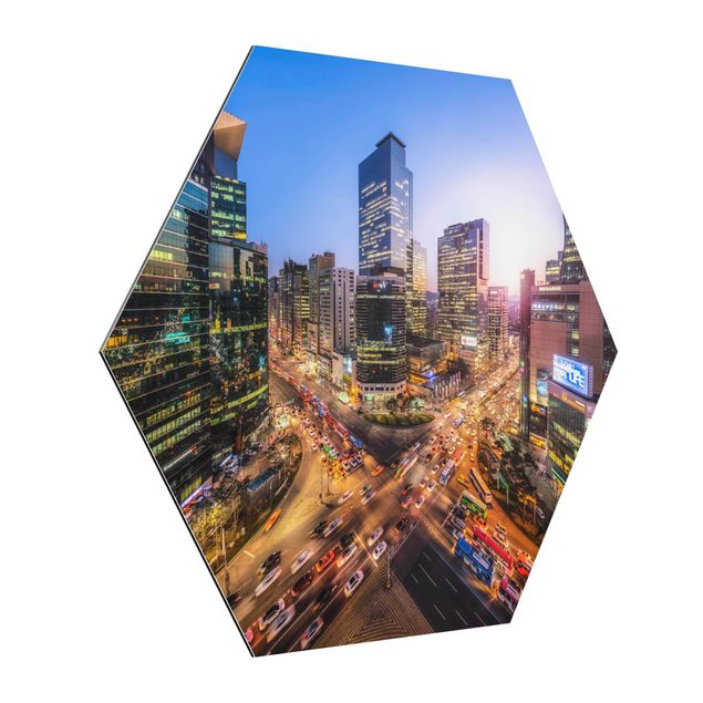 Hexagon Bild Alu-Dibond - Stadtlichter von Gangnam