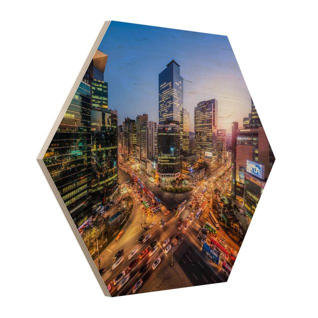 Hexagon Bild Holz - Stadtlichter von Gangnam
