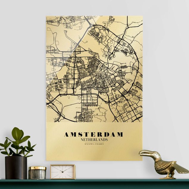 Wandbilder Glas XXL Stadtplan Amsterdam - Klassik