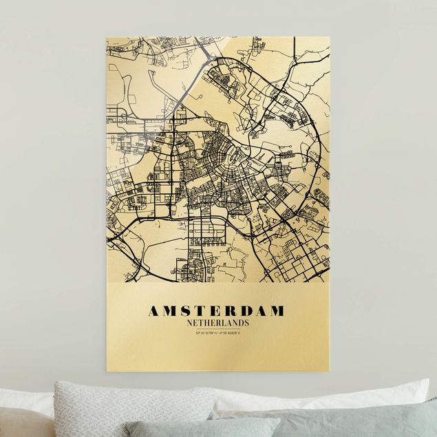 Schwarz-Weiß Glasbilder Stadtplan Amsterdam - Klassik