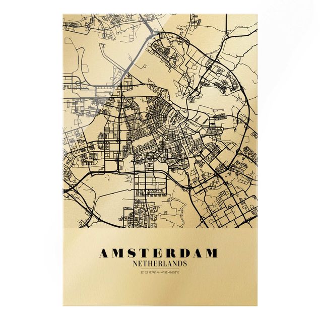 Glas Wandbilder Stadtplan Amsterdam - Klassik
