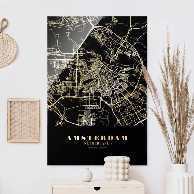 Wandbilder Glas XXL Stadtplan Amsterdam - Klassik Schwarz