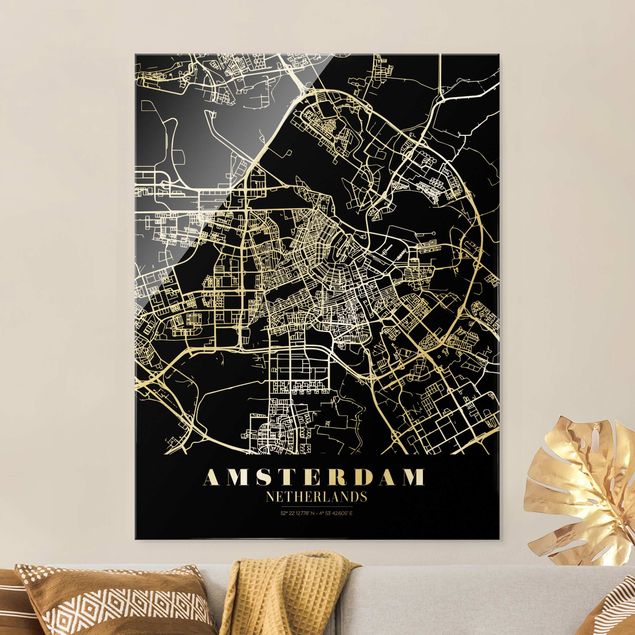 Schwarz-Weiß Glasbilder Stadtplan Amsterdam - Klassik Schwarz