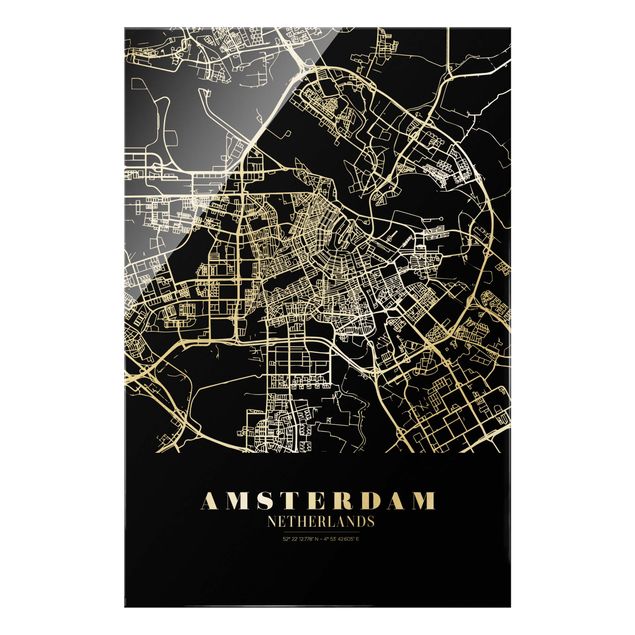 Glas Wandbilder Stadtplan Amsterdam - Klassik Schwarz