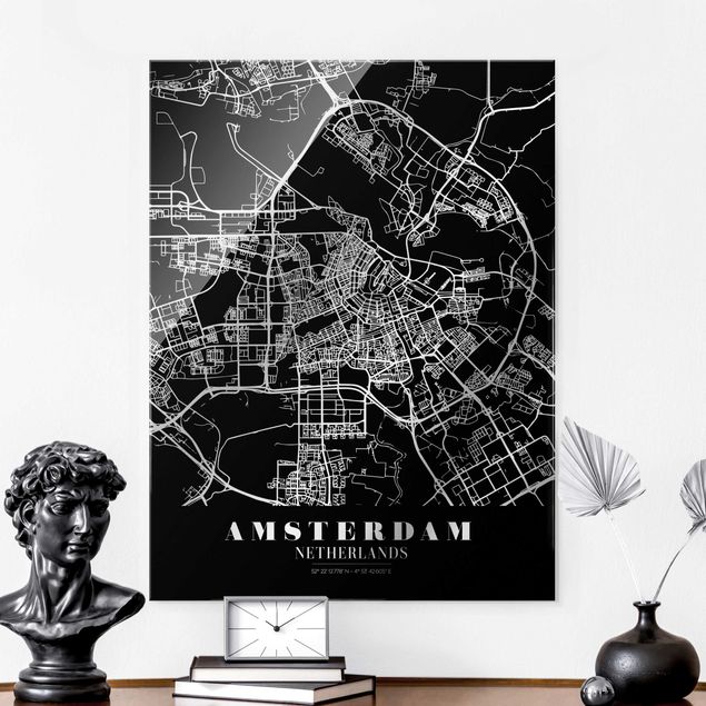 Wandbilder Glas XXL Stadtplan Amsterdam - Klassik Schwarz