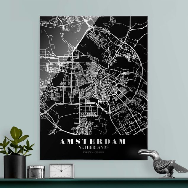 Schwarz-Weiß Glasbilder Stadtplan Amsterdam - Klassik Schwarz