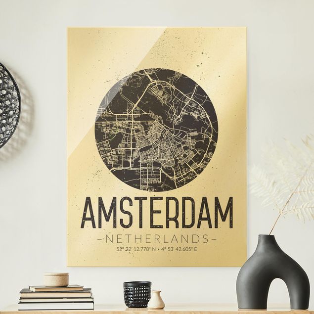 Glasbilder XXL Stadtplan Amsterdam - Retro