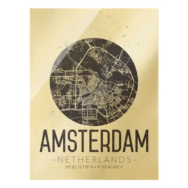 Glasbilder Stadtplan Amsterdam - Retro