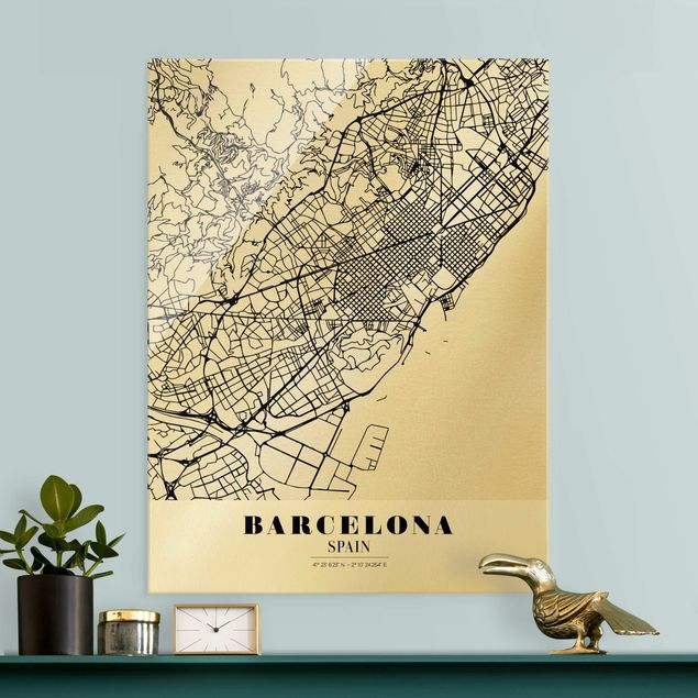 Schwarz-Weiß Glasbilder Stadtplan Barcelona - Klassik