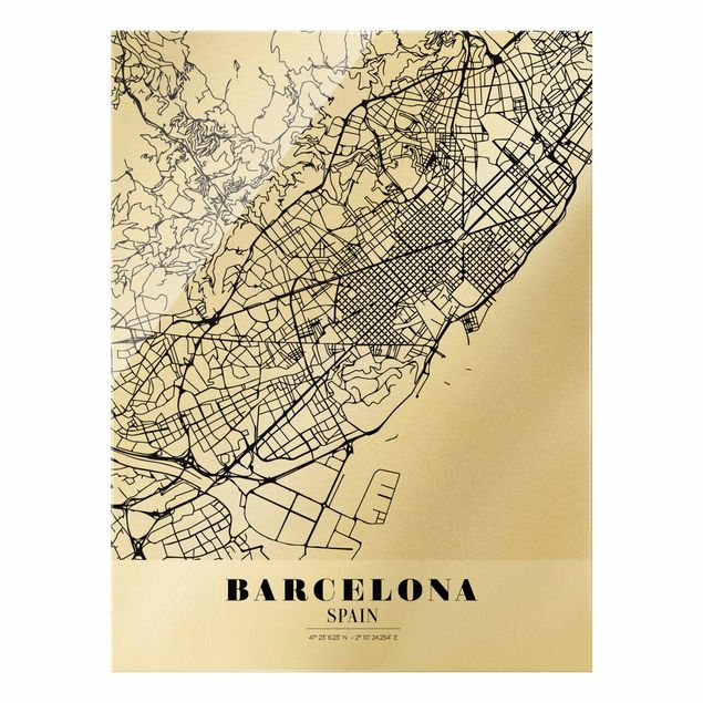 Glas Wandbilder Stadtplan Barcelona - Klassik