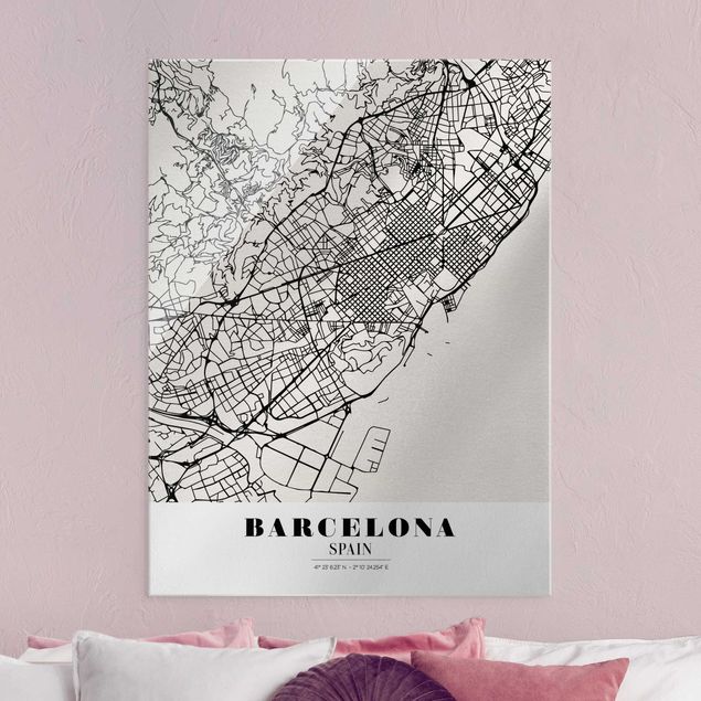 Schwarz-Weiß Glasbilder Stadtplan Barcelona - Klassik