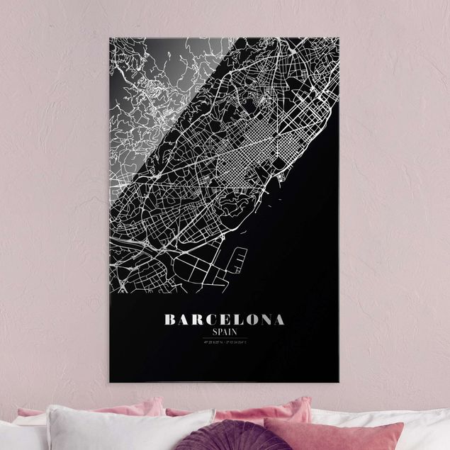 Glasbilder Schwarz-Weiß Stadtplan Barcelona - Klassik Schwarz