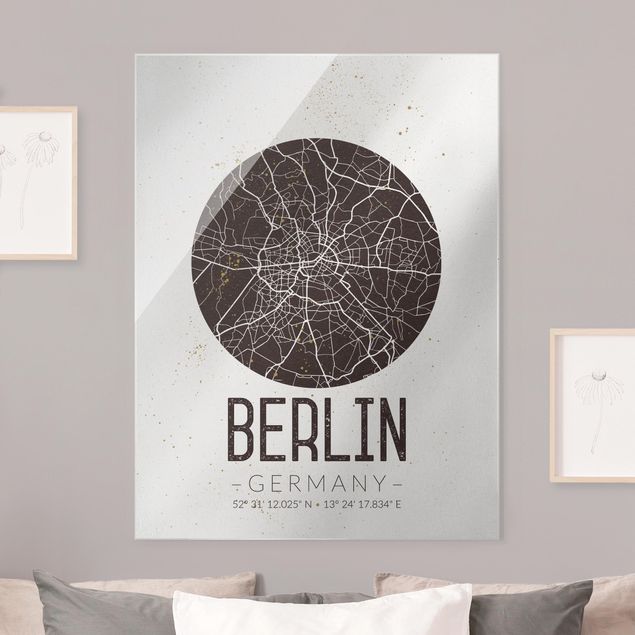 Schwarz-Weiß Glasbilder Stadtplan Berlin - Retro