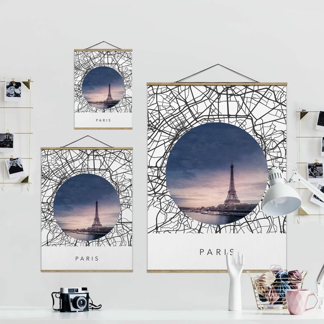 Stoffbild mit Posterleisten - Stadtplan Collage Paris - Hochformat 3:4