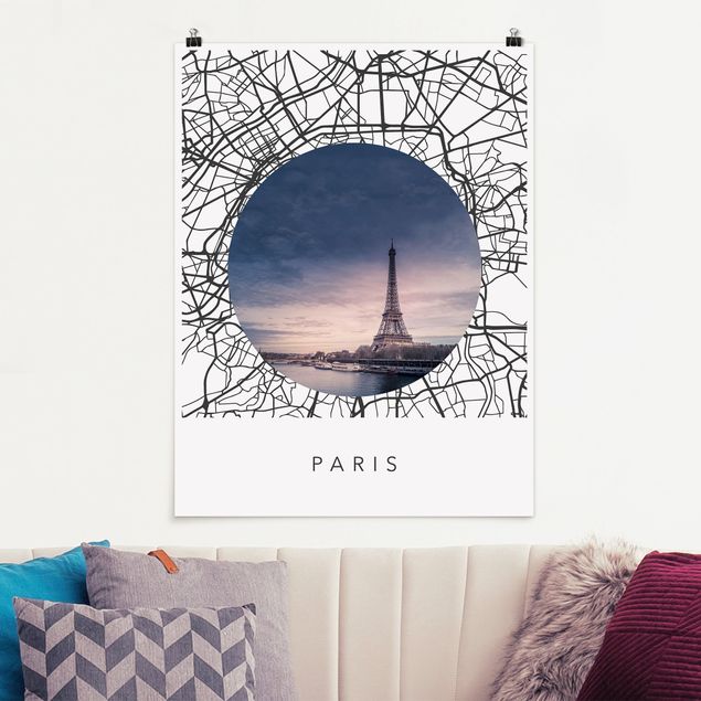 Poster Schwarz-Weiß Stadtplan Collage Paris
