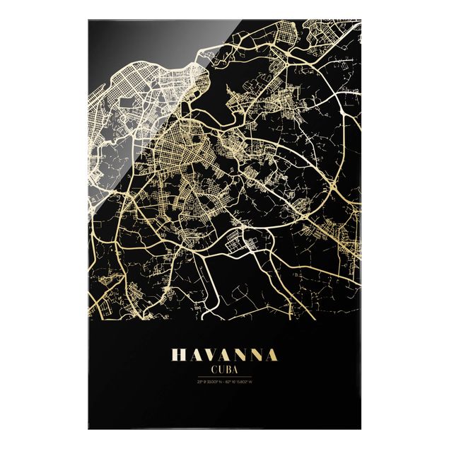 Glasbilder Stadtplan Havanna - Klassik Schwarz
