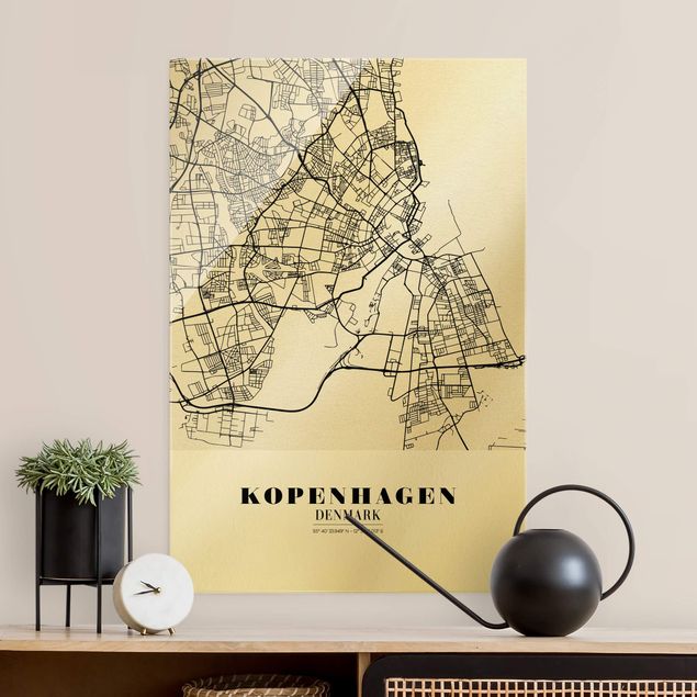 Glasbilder Schwarz-Weiß Stadtplan Kopenhagen - Klassik