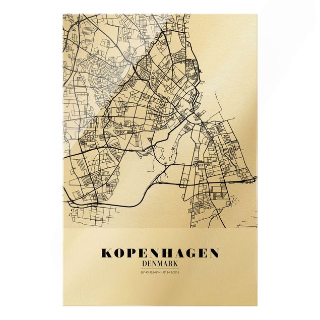 Bilder auf Glas Stadtplan Kopenhagen - Klassik
