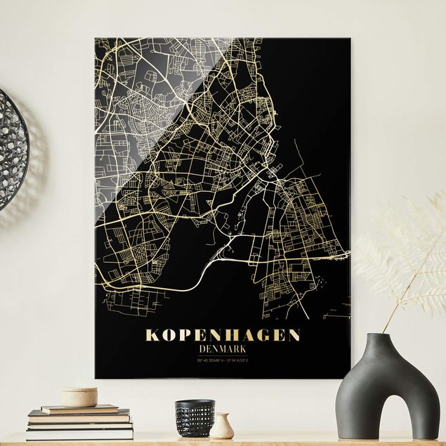 Glasbilder XXL Stadtplan Kopenhagen - Klassik Schwarz